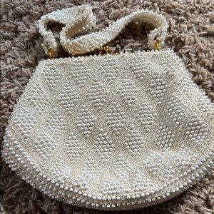 Cream Woven Shoulder Bag with Textured Pattern
